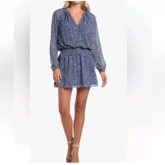 Ramy Brooke silk Long Sleeve V-Neck Smocked Drop Waist Blue Abstract Dress sz M